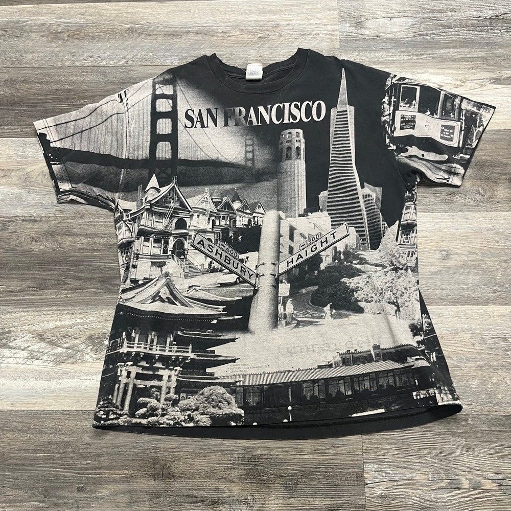 Vintage All Over‎ Print San Francisco T-Shirt Black White Mens XL Skyline Tee